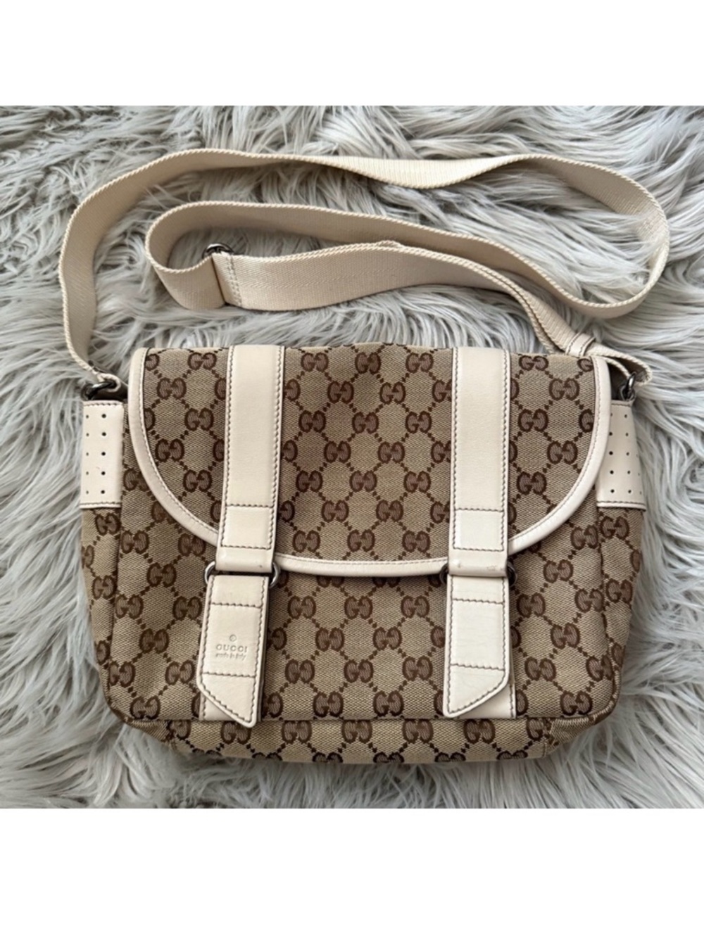 GUCCI Monogram Double Buckle Flap Messenger Bag